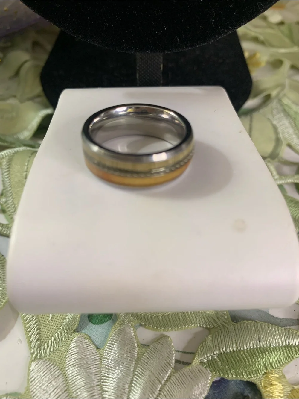 Two-Tone Wood Inlay Men's Titanium  Ring - Brown